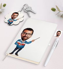 Kişiye Özel Erkek Öğretmen Karikatürlü Beyaz Defter Kalem Ve Anahtarlık Hediye Seti-4