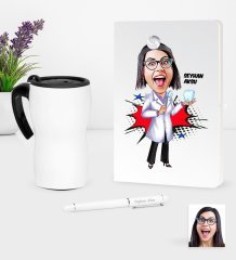 Kişiye Özel Bayan Diş Hekimi Karikatürlü Beyaz Defter Kalem ve Termos Mug Seti - 2