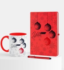 Kişiye Özel Yılbaşı Mutlu Yıllar Temalı Kırmızı Defter Kalem Kupa Seti - 13