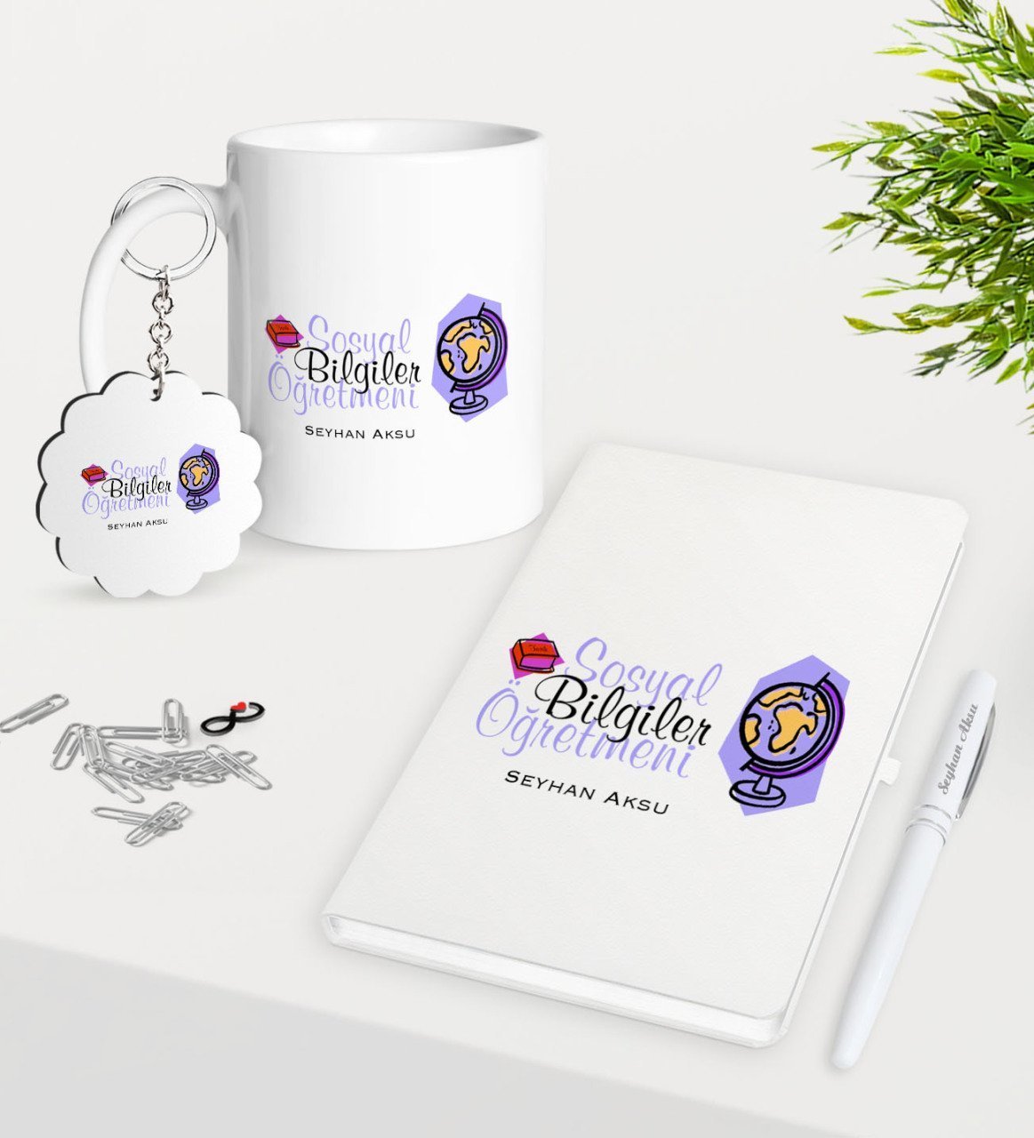 Kişiye Özel Sosyal Bilgiler Öğretmeni Kupa Anahtarlık Beyaz Defter Kalem Hediye Seti-2