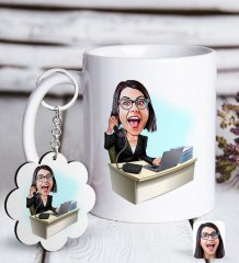 Kişiye Özel Bayan Asistan Karikatürlü Beyaz Kupa ve Anahtarlık Hediye Seti-1