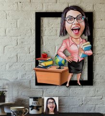 Kişiye Özel Bayan Öğretmen Karikatürlü 3D Ahşap Tablo-5