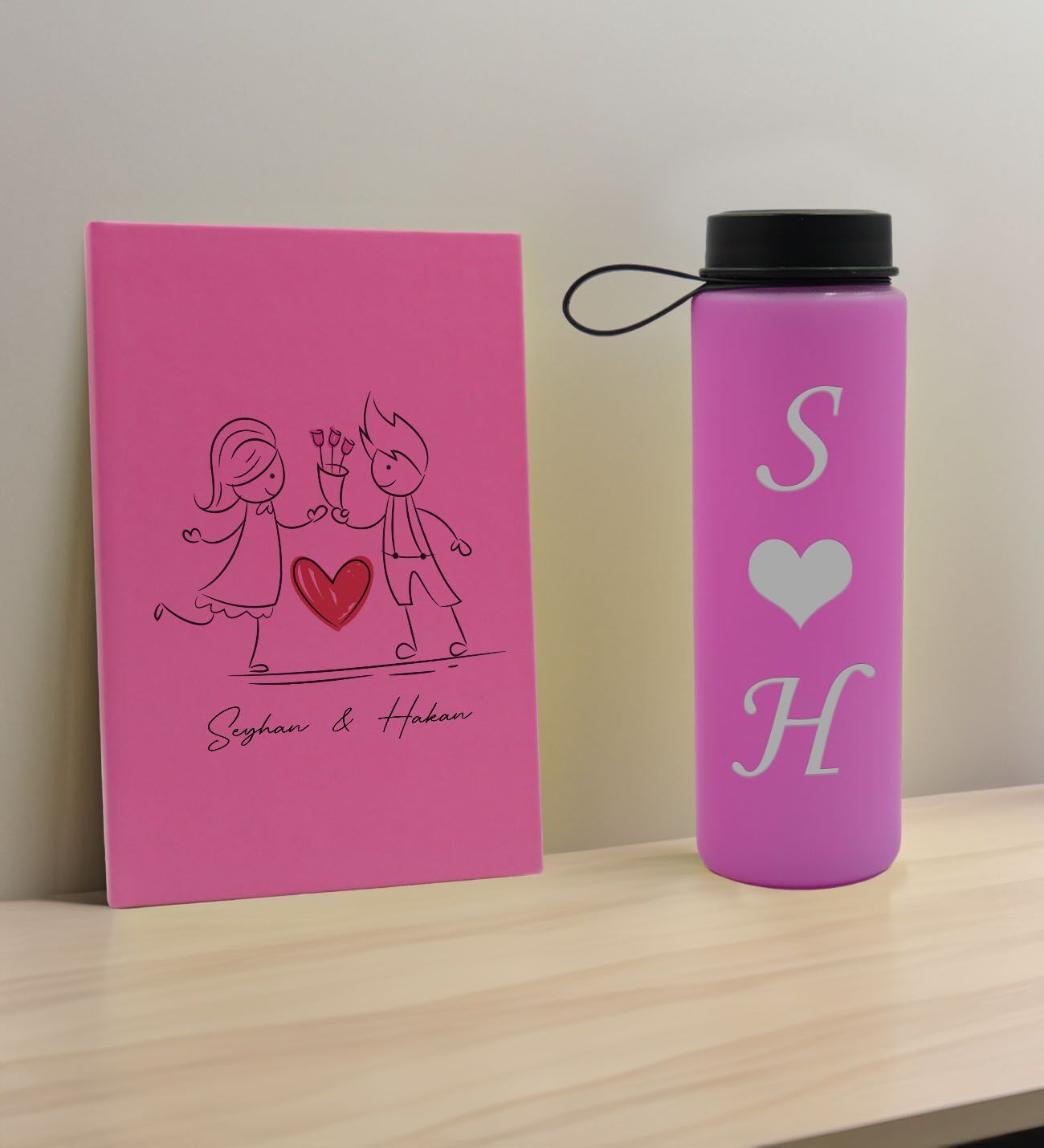 BK Gift Sevgiliye Özel İsimli Pembe Defter ve Cam Matara Hediye Seti-6, Sevgiliye Hediye, Sevgililer Günü, Yeni İş Hediyesi