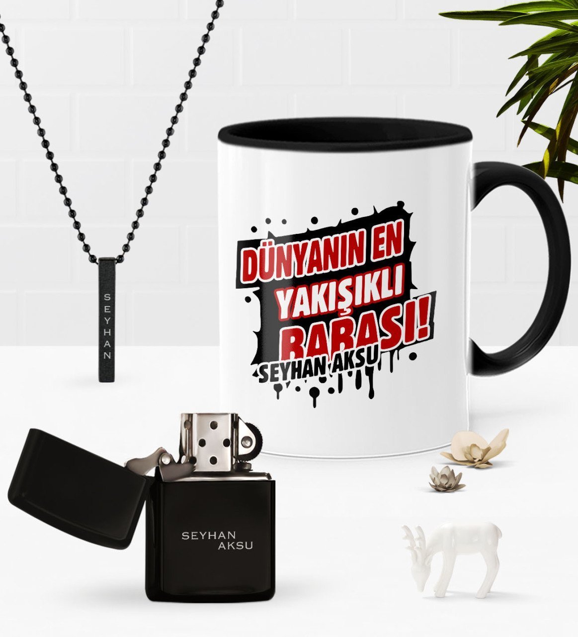 Kişiye Özel Dünyanın En Yakışıklı Babası Siyah Kupa Benzinli Çakmak Kolye Seti-1