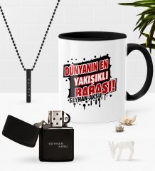 Kişiye Özel Dünyanın En Yakışıklı Babası Siyah Kupa Benzinli Çakmak Kolye Seti-1