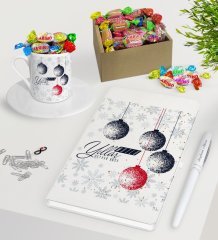 Kişiye Özel Yılbaşı Mutlu Yıllar Beyaz Defter Kalem Türk Kahvesi Fincanı ve Kutulu Haribo Şeker Hediye Seti-13