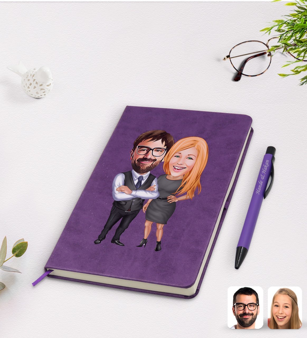 Kişiye Özel Sevgililer Karikatürlü Mor Termo Deri Defter Kalem Seti Model 100