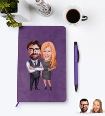 Kişiye Özel Sevgililer Karikatürlü Mor Termo Deri Defter Kalem Seti Model 100