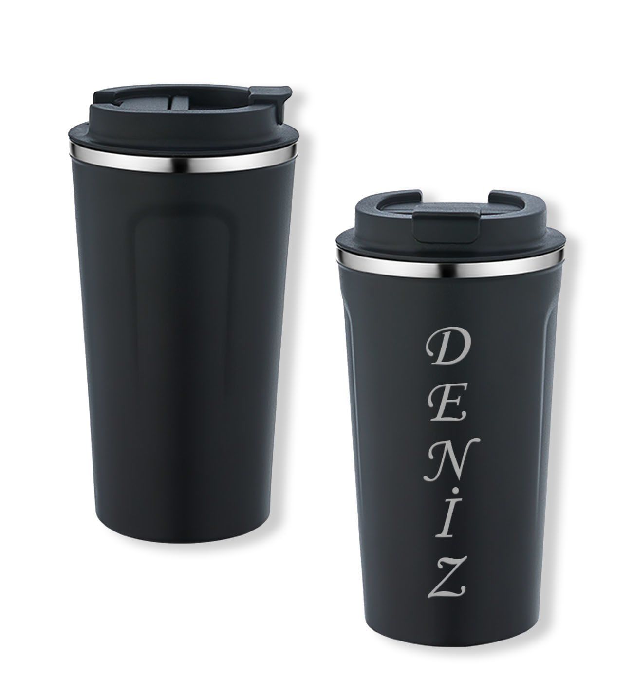BK Gift Kişiye Özel İsimli 5334 Siyah Paslanmaz Çelik Termos Mug 450ml, Vakumlu Termos Bardak
