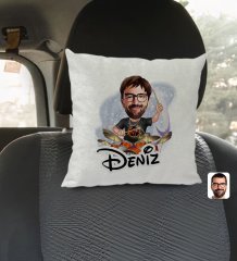 Kişiye Özel İsimli Erkek Baterist Karikatürlü Kare Araç Koltuk Yastığı-1