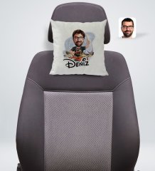 Kişiye Özel İsimli Erkek Baterist Karikatürlü Kare Araç Koltuk Yastığı-1