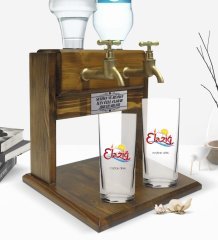 Kişiye Özel Renkli Baskılı Elazığ Tasarımlı Turistik İkili Rakı Bardağı ve Çift Musluklu Doğal Ahşap Rakı Standı-1
