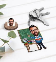 Kişiye Özel Erkek Fizik Öğretmeni Karikatürlü Ahşap Anahtarlık-1