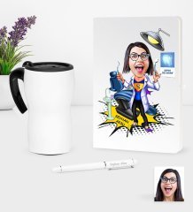 Kişiye Özel Bayan Diş Hekimi Karikatürlü Beyaz Defter Kalem ve Termos Mug Seti - 1
