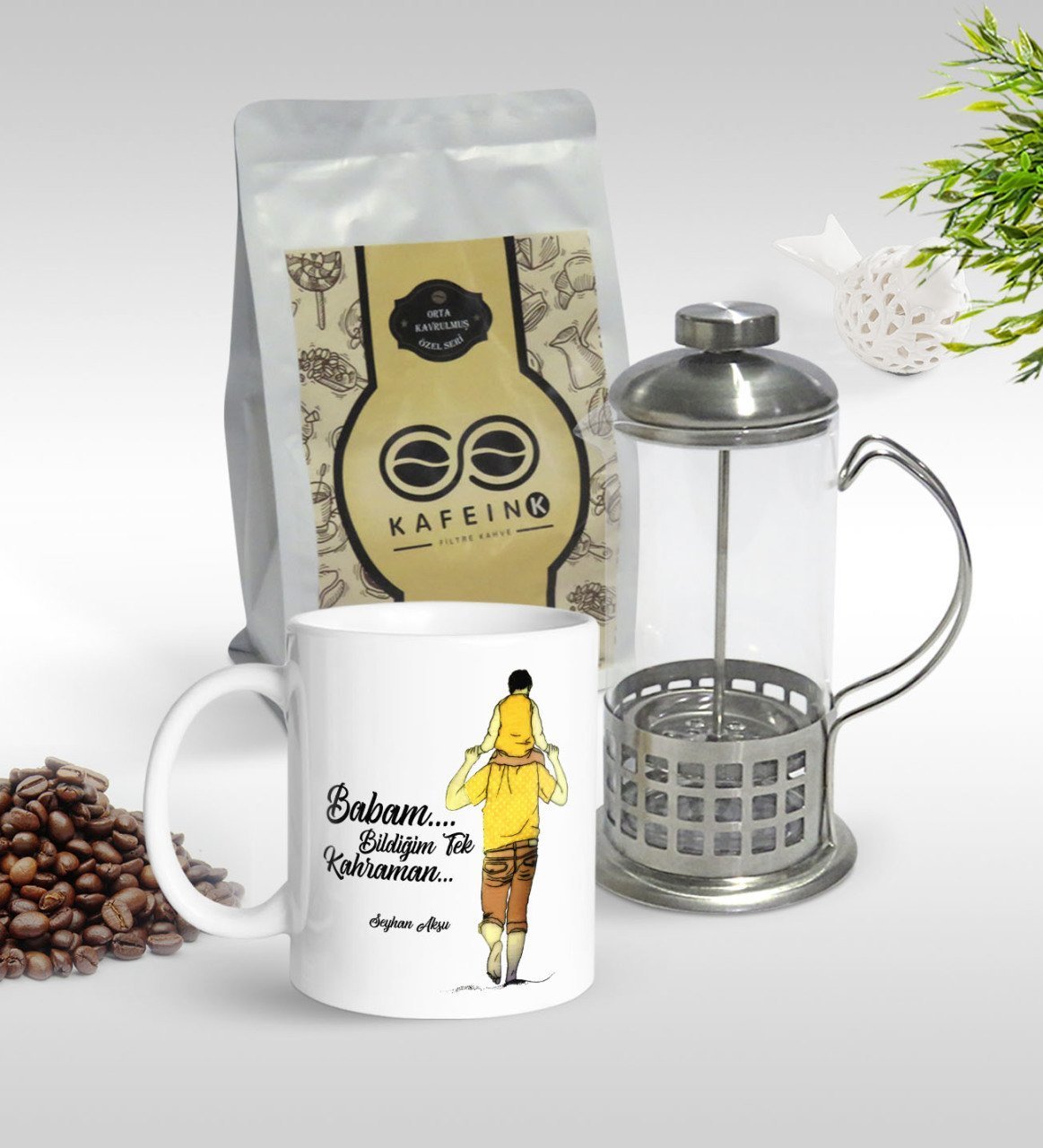 Kişiye Özel Bildiğim Tek Kahraman Tasarımlı Kupa & French Press & 250gr Filtre Kahve Hediye Seti-1