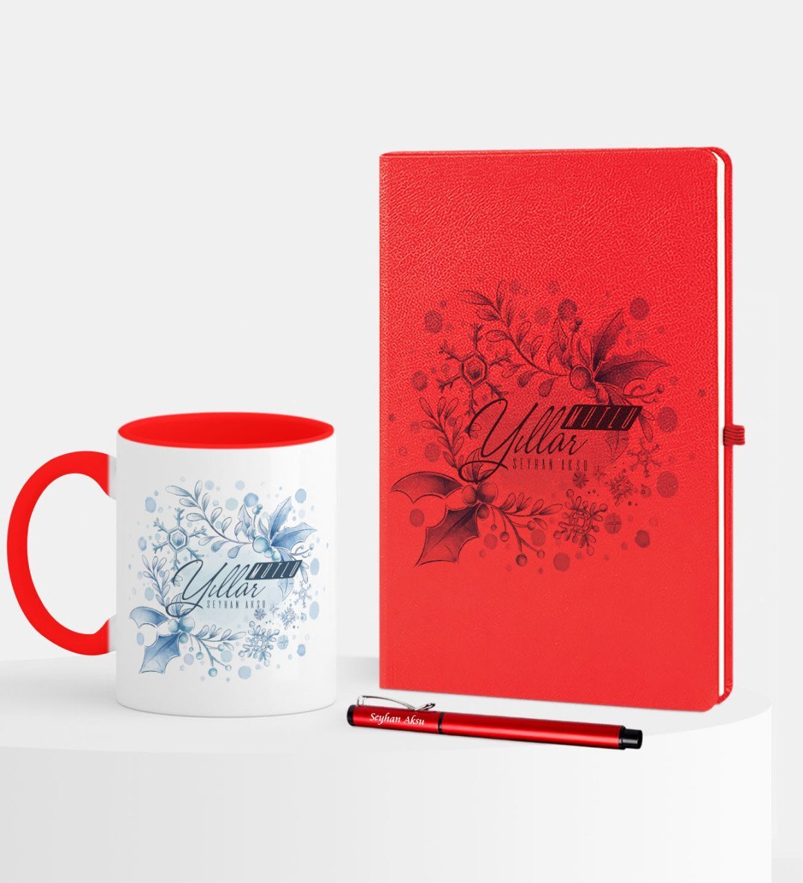 Kişiye Özel Yılbaşı Mutlu Yıllar Temalı Kırmızı Defter Kalem Kupa Seti - 12