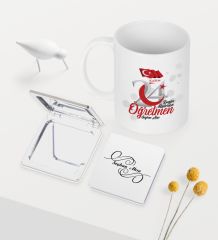 Kişiye Özel Bugün Günlerden Öğretmen Temalı Beyaz Kupa Ayna Seti - 2