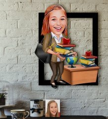 Kişiye Özel Bayan Öğretmen Karikatürlü 3D Ahşap Tablo-4