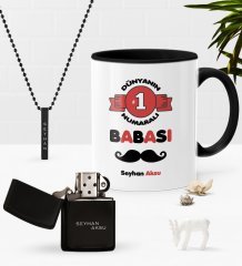 Kişiye Özel Dünyanın 1 Numaralı Babası Siyah Kupa Benzinli Çakmak Kolye Seti
