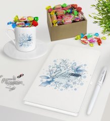 Kişiye Özel Yılbaşı Mutlu Yıllar Beyaz Defter Kalem Türk Kahvesi Fincanı ve Kutulu Haribo Şeker Hediye Seti-12