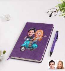 Kişiye Özel Sevgililer Karikatürlü Mor Termo Deri Defter Kalem Seti Model 99
