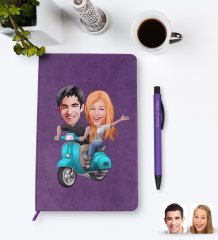 Kişiye Özel Sevgililer Karikatürlü Mor Termo Deri Defter Kalem Seti Model 99
