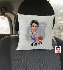Kişiye Özel İsimli Erkek Basketbolcu Karikatürlü Kare Araç Koltuk Yastığı-2