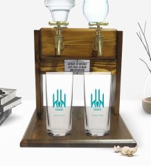 Kişiye Özel Renkli Baskılı Edirne Tasarımlı Turistik İkili Rakı Bardağı ve Çift Musluklu Doğal Ahşap Rakı Standı-1