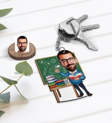 Kişiye Özel Erkek Biyoloji Öğretmeni Karikatürlü Ahşap Anahtarlık-1