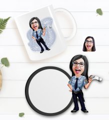 Kişiye Özel Kadın Polis Karikatürlü Beyaz Kupa ve Ahşap Bardak Altlığı Hediye Seti-1