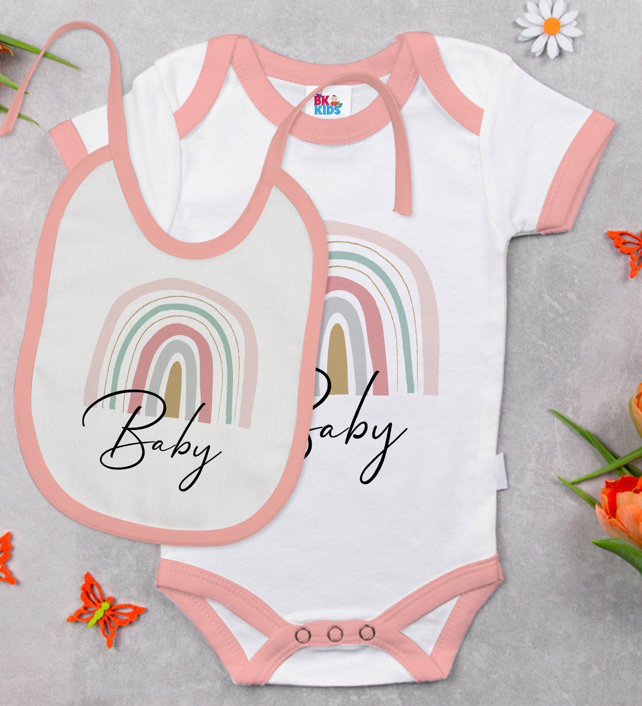 BK Kids Baby Tasarımlı Pembe Bebek Body Zıbın ve Mama Önlüğü Hediye Seti-1