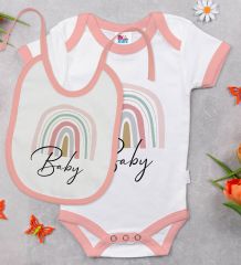 BK Kids Baby Tasarımlı Pembe Bebek Body Zıbın ve Mama Önlüğü Hediye Seti-1