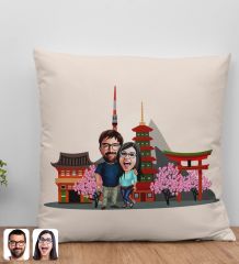 BK Gift Kişiye Özel Sevgililer Japonya Karikatürlü Beyaz Yastık-1