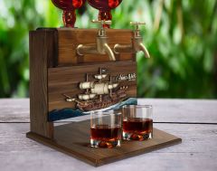 BK Gift Kişiye Özel Kabartma Gemi Tasarımlı Çift Musluklu Doğal Ahşap İçki Standı-4, İçki Standı, Doğum Günü Hediyesi, Ev Hediyesi, Erkek Hediye
