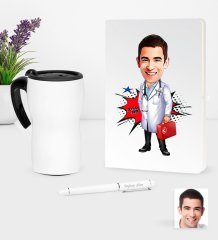 Kişiye Özel Bay Doktor Karikatürlü Beyaz Defter Kalem ve Termos Mug Seti - 4