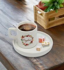 Kişiye Özel Sunum Tabaklı Çiçek Tasarımlı Türk Kahvesi Fincanı Model 19