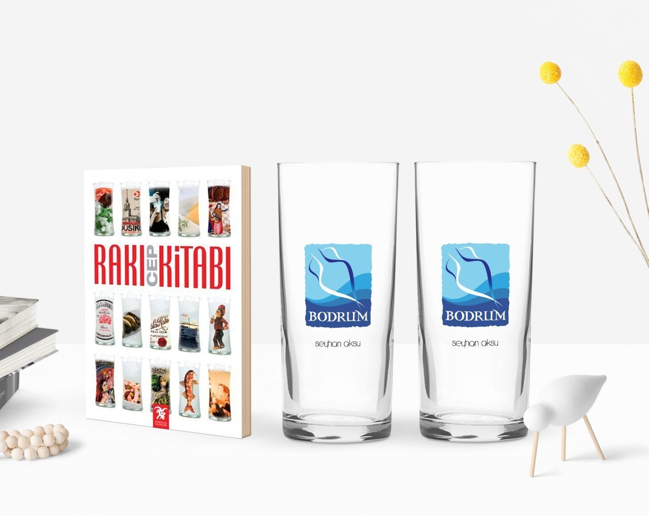 Kişiye Özel Renkli Baskılı Bodrum Tasarımlı Turistik İkili Rakı Bardağı ve Rakı Cep Kitabı Hediye Seti-1