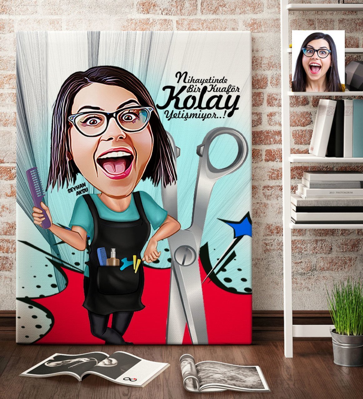 Kişiye Özel Bayan Kuaför Karikatür Kanvas Tablo (70 x 100 cm.) 1
