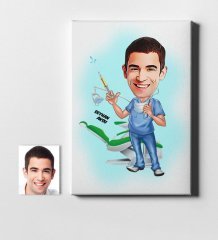 Kişiye Özel Bay Diş Hekimi Karikatür Kanvas Tablo (50 x 70 cm.) 4