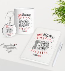 Kişiye Özel Sınıf Öğretmeni Kupa Anahtarlık Beyaz Defter Kalem Hediye Seti-11