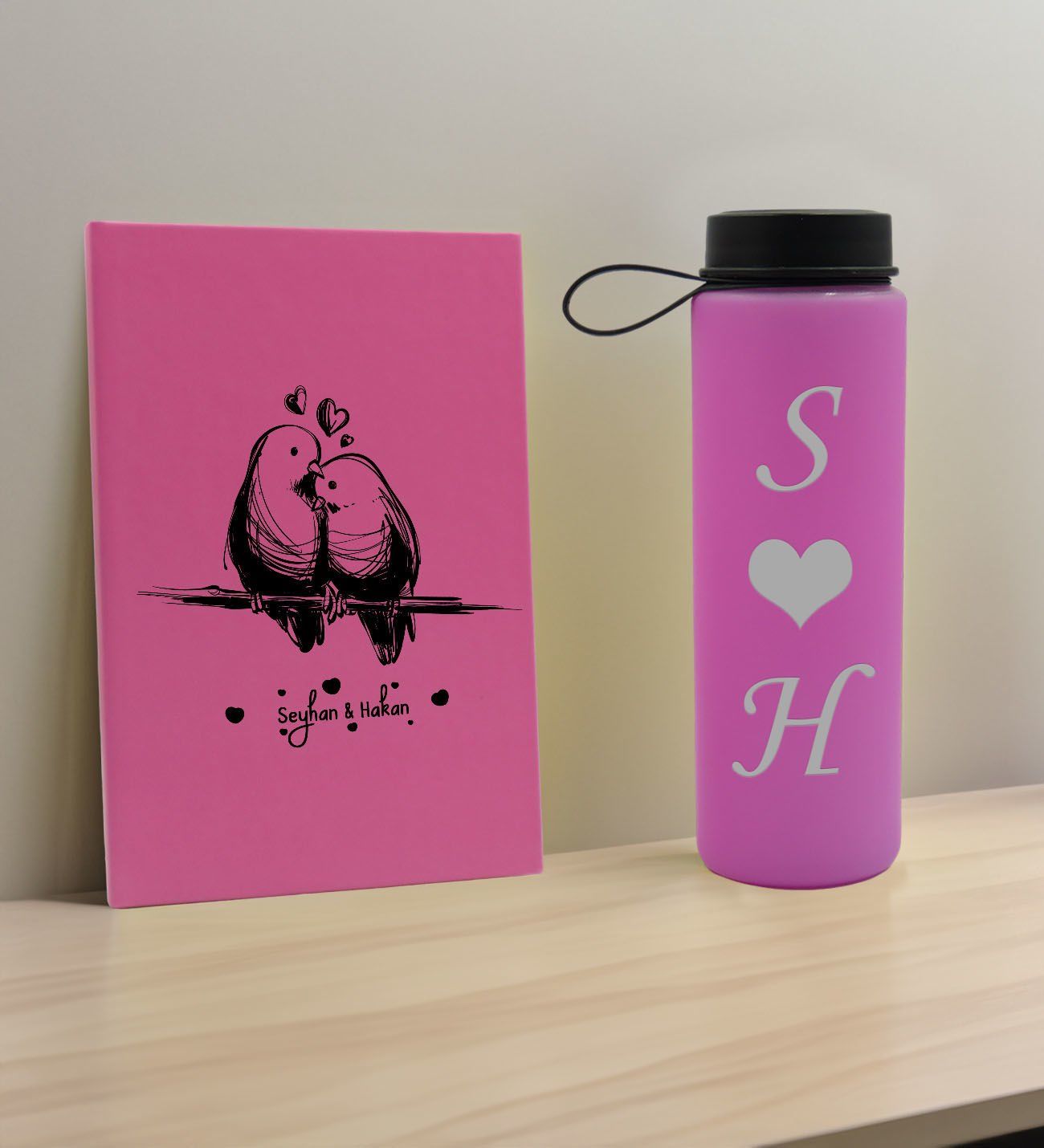 BK Gift Sevgiliye Özel İsimli Pembe Defter ve Cam Matara Hediye Seti-4, Sevgiliye Hediye, Sevgililer Günü, Yeni İş Hediyesi