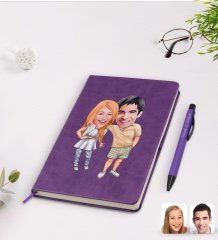 Kişiye Özel Sevgililer Karikatürlü Mor Termo Deri Defter Kalem Seti Model 98