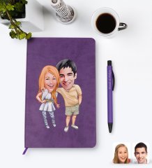 Kişiye Özel Sevgililer Karikatürlü Mor Termo Deri Defter Kalem Seti Model 98
