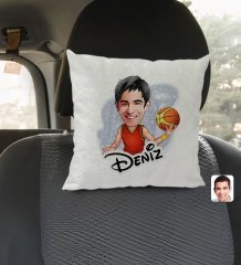 Kişiye Özel İsimli Erkek Basketbolcu Karikatürlü Kare Araç Koltuk Yastığı-1