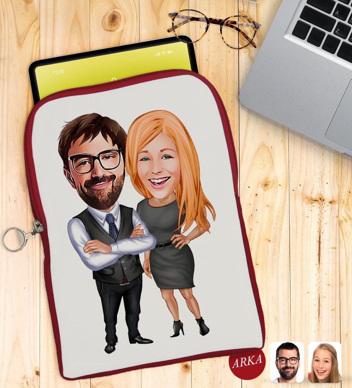 Kişiye Özel Sevgililer Karikatürlü Taşınabilir Koruyucu Tablet Kılıfı & Organizer Çanta - Kırmızı-100