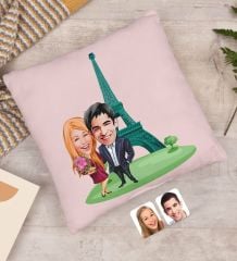 BK Gift Kişiye Özel Sevgililer Eyfel Kulesi Karikatürlü Beyaz Yastık-2