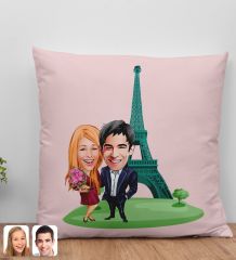 BK Gift Kişiye Özel Sevgililer Eyfel Kulesi Karikatürlü Beyaz Yastık-2