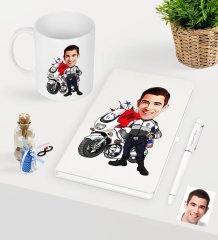 Kişiye Özel Bay Yunus Polis Karikatürlü Beyaz Defter Kalem Kupa Seti