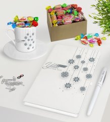 Kişiye Özel Yılbaşı Mutlu Yıllar Beyaz Defter Kalem Türk Kahvesi Fincanı ve Kutulu Haribo Şeker Hediye Seti-10