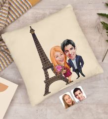 BK Gift Kişiye Özel Sevgililer Eyfel Kulesi Karikatürlü Beyaz Yastık-1